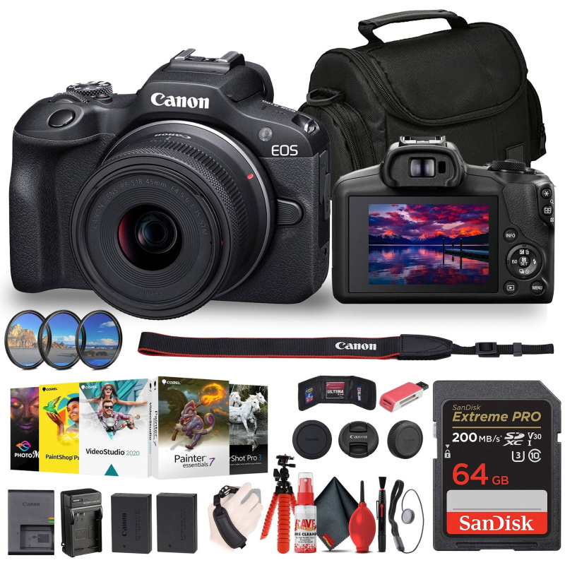 Canon EOS R100 Mirrorless Camera with 18-45mm Lens + Filter Kit + Corel Software + More (International Model)