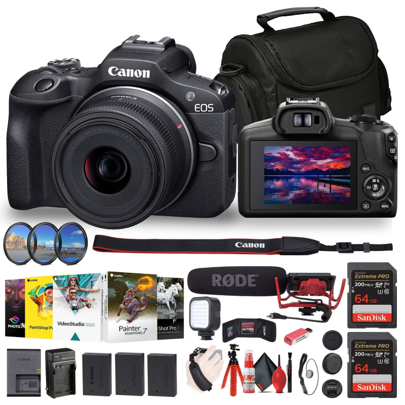 Canon EOS R100 Mirrorless Camera with 18-45mm Lens + Rode Mic + Filter Kit + More (International Model)