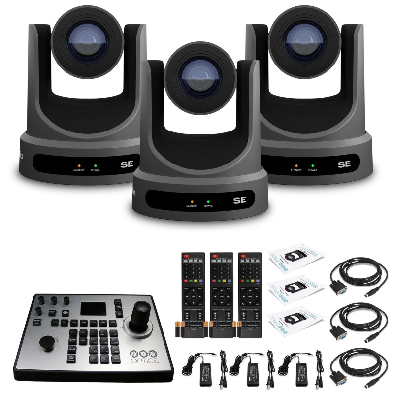 3 x PTZOptics Move SE PTZ Camera with 20x Optical Zoom (Gray) (PT20X-SE-GY-G3) + PT-JOY-G4 Controller