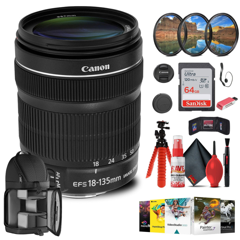 Canon EF-S 18-135mm f/3.5-5.6 IS STM Lens with 64GB Extreme Pro Card + More (International Model)
