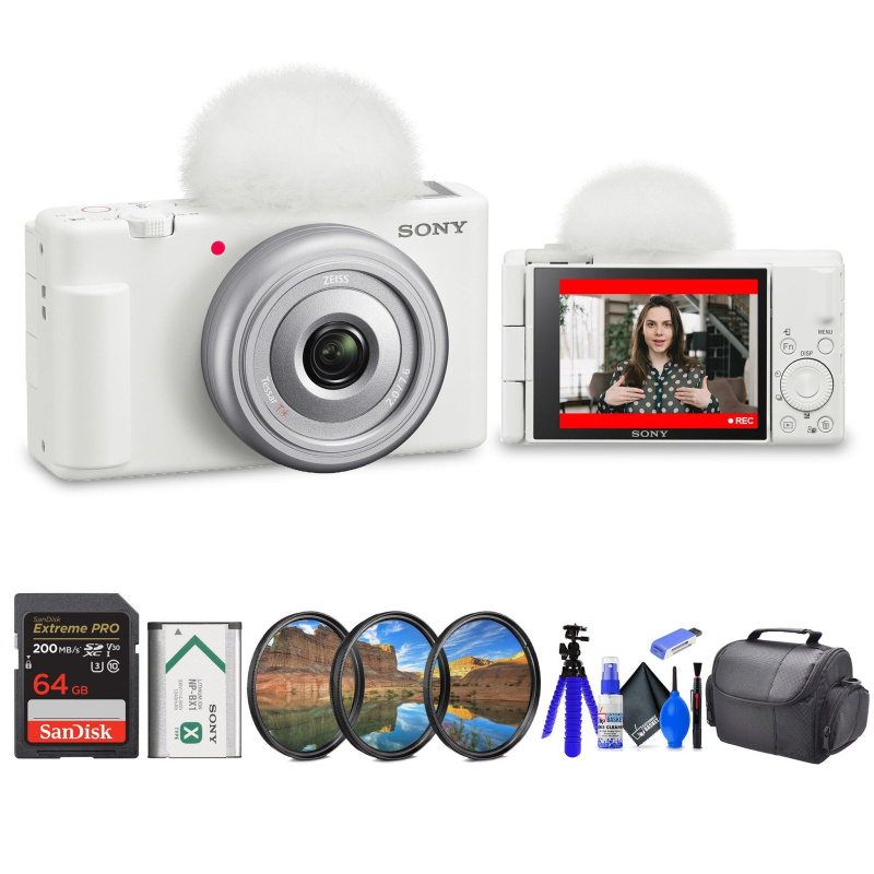 Sony ZV-1F Vlogging Camera (White) (ZV1F/W) + Filter Kit + 64GB Card + Card Reader