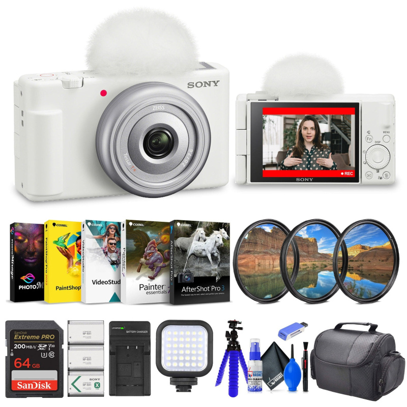 Sony ZV-1F Vlogging Camera (White) (ZV1F/W) + Filter Kit + 64GB Card + Corel Software