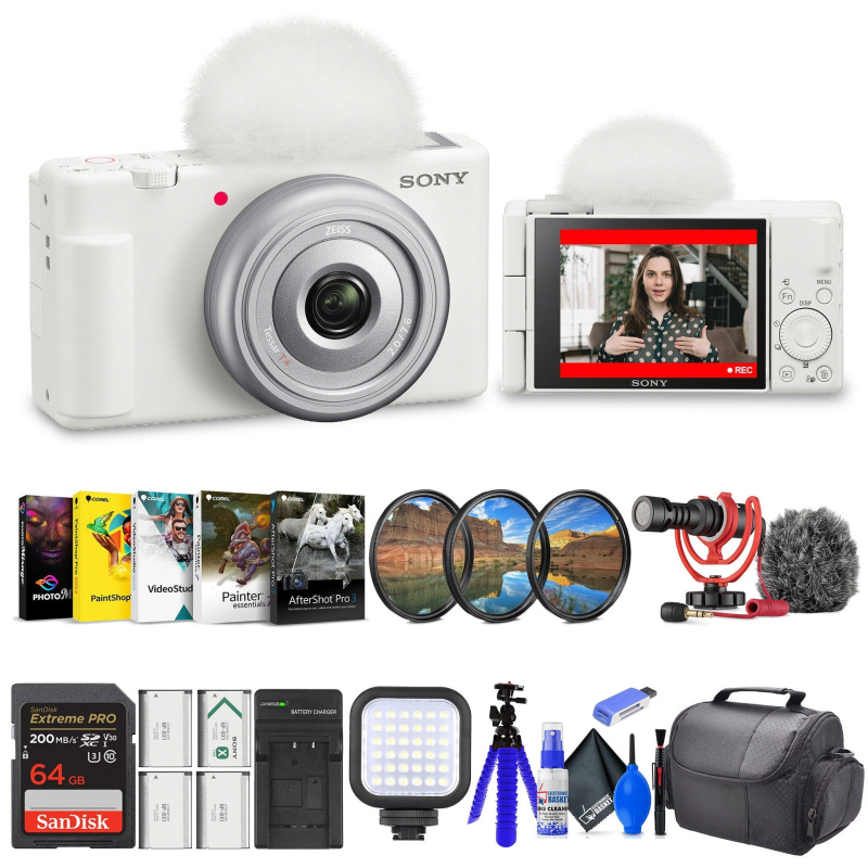 Sony ZV-1F Vlogging Camera (White) (ZV1F/W) + Filter Kit + 64GB Card + Corel Software
