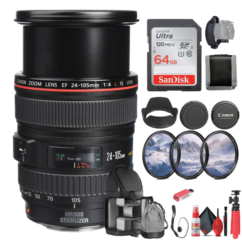 Canon EF 24-105mm f/4L IS USM Lens (0344B002) + 64GB Memory Card + Filter  - Bundle (International Model)