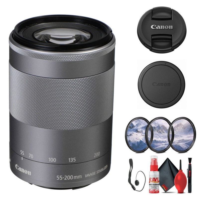 Canon EF-M 55-200mm f/4.5-6.3 IS STM Lens (Silver) (1122C002) + Filter Kit - Bundle (International Model)