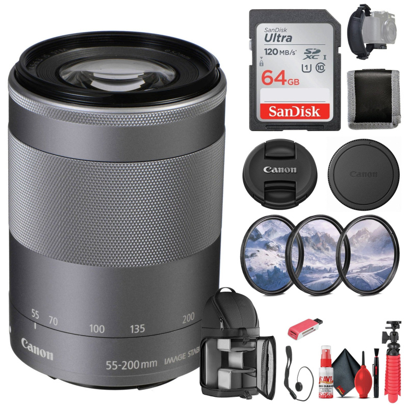 Canon EF-M 55-200mm f/4.5-6.3 IS STM Lens (Silver) (1122C002) + 64GB Card  - Bundle (International Model)