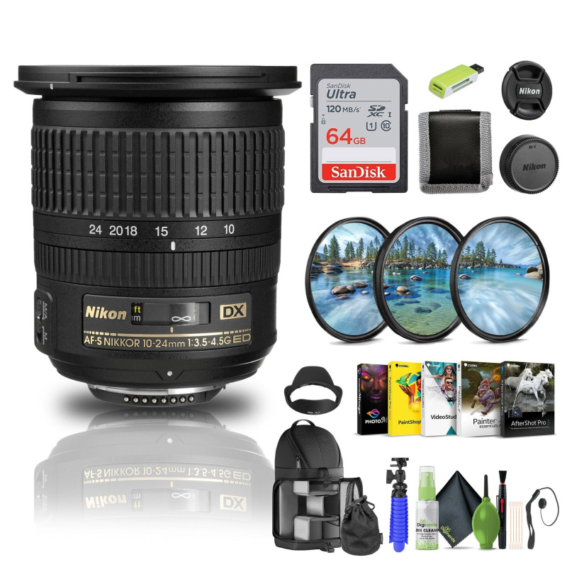 Nikon AF-S DX NIKKOR 10-24mm f/3.5-4.5G ED Lens (2181) + Filter Kit + Cap Keeper - Bundle