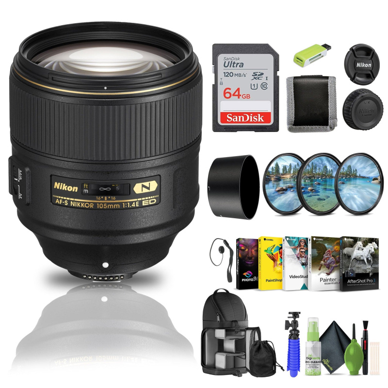 Nikon AF-S NIKKOR 105mm f/1.4E ED Lens (20064) + 64GB Memory Card + Filter Kit  - Bundle