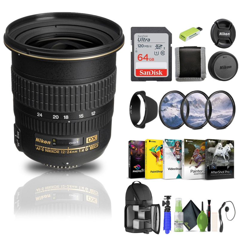 Nikon AF-S DX Zoom-NIKKOR 12-24mm f/4G IF-ED Lens (2144) + 64GB Memory Card  - Bundle