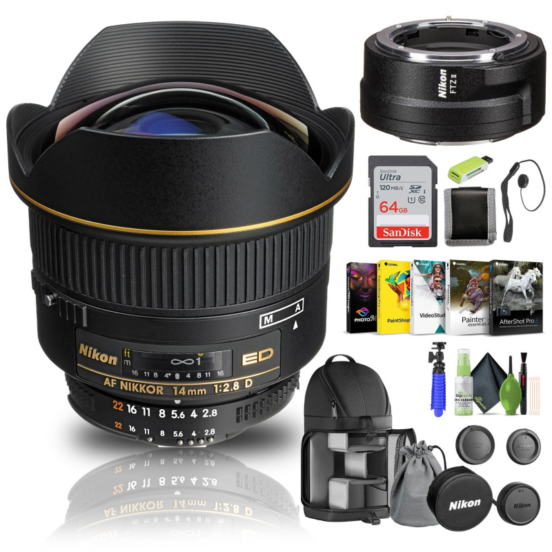 Nikon AF NIKKOR 14mm f/2.8D ED Lens (1925) + FTZ II Adapter + 64GB Memory Card - Bundle
