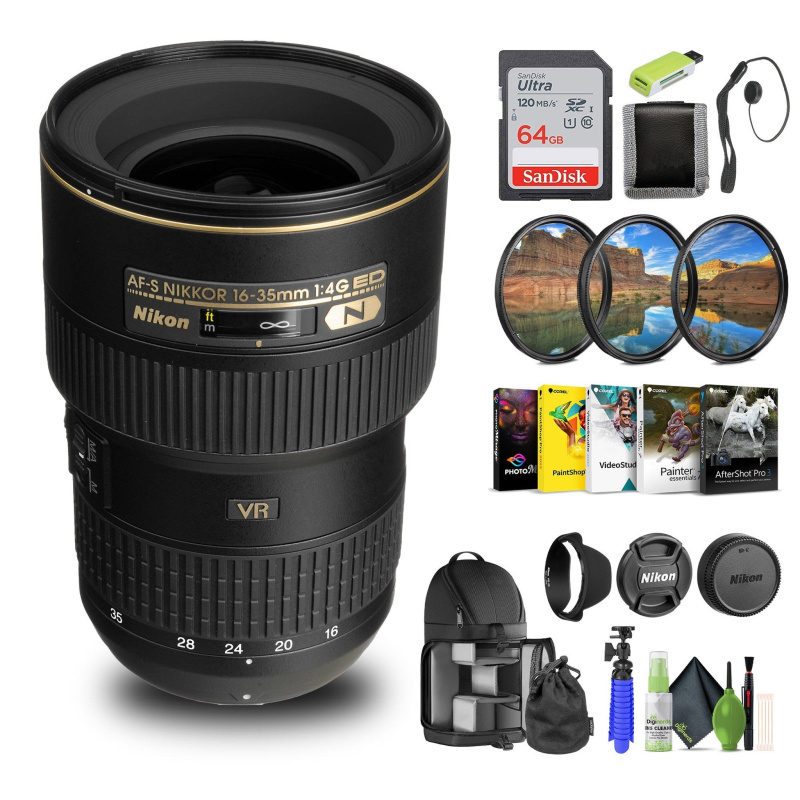 Nikon AF-S NIKKOR 16-35mm f/4G ED VR Lens (2182) + 64GB Memory Card + Filter Kit - Bundle