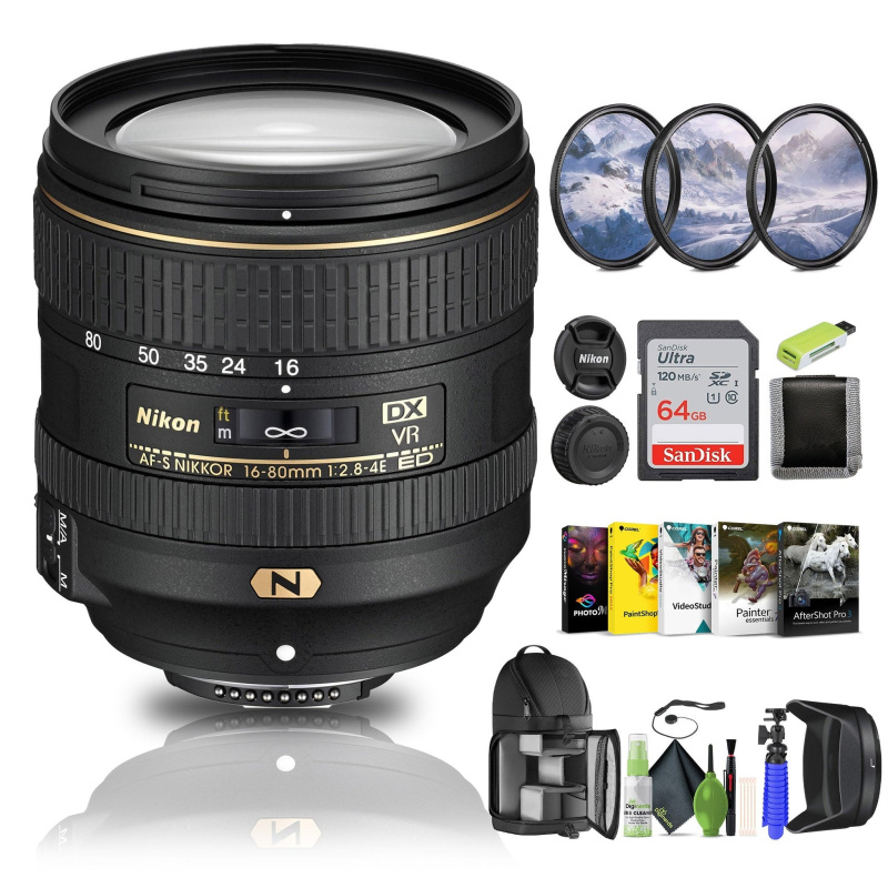 Nikon AF-S DX NIKKOR 16-80mm f/2.8-4E ED VR Lens (20055) + 64GB Memory Card - Bundle