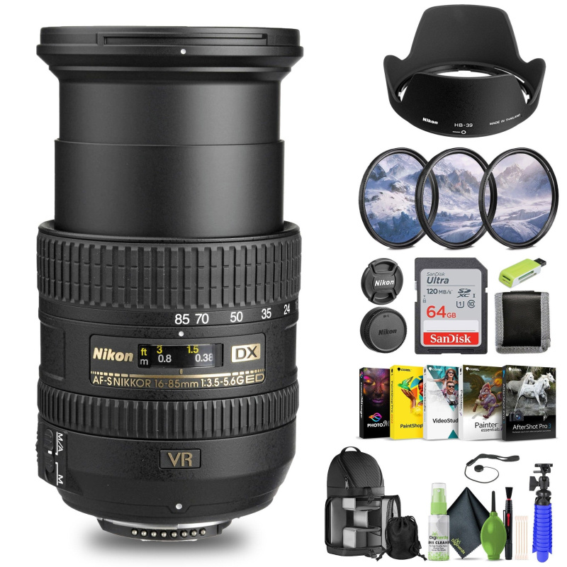 Nikon AF-S DX NIKKOR 16-85mm f/3.5-5.6G ED VR Lens (2178) + 64GB Memory Card - Bundle