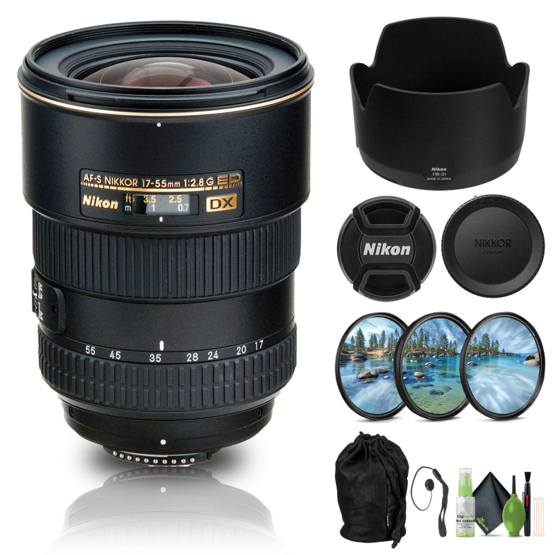 Nikon AF-S DX Zoom-NIKKOR 17-55mm f/2.8G IF-ED Lens (2147) + Filter Kit + Cap Keeper - Bundle