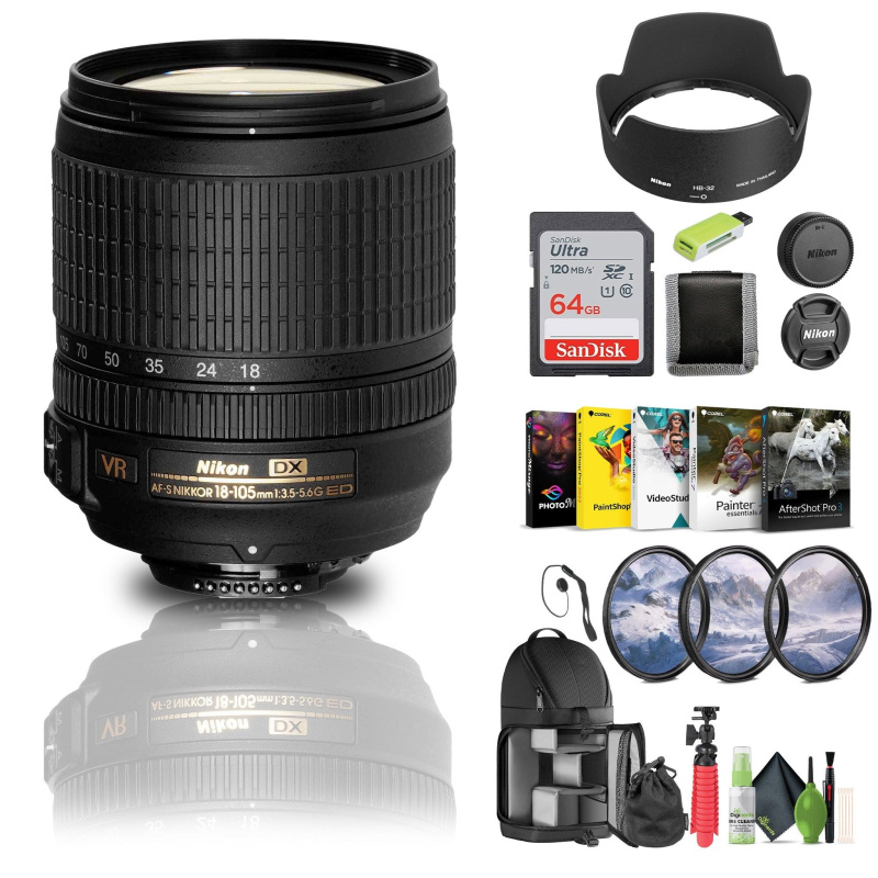 Nikon AF-S DX NIKKOR 18-105mm f/3.5-5.6G ED VR Lens (2179) + 64GB Memory Card - Bundle