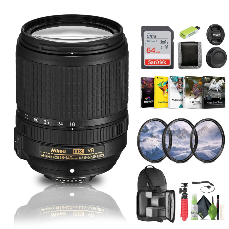 Nikon - AF-S DX NIKKOR 18-140mm f/3.5-5.6G ED VR Zoom Lens (2213) + 64GB Memory  - Bundle