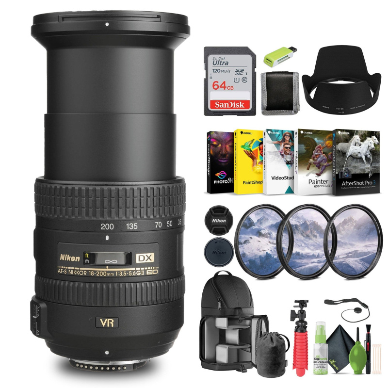 Nikon AF-S DX NIKKOR 18-200mm f/3.5-5.6G ED VR II Lens (2192) + 64GB Memory Card - Bundle