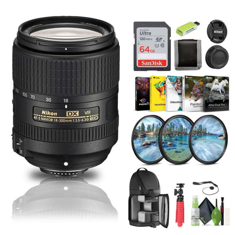 Nikon AF-S DX NIKKOR 18-300mm f/3.5-6.3G ED VR Lens (2216) + 64GB Memory Card - Bundle