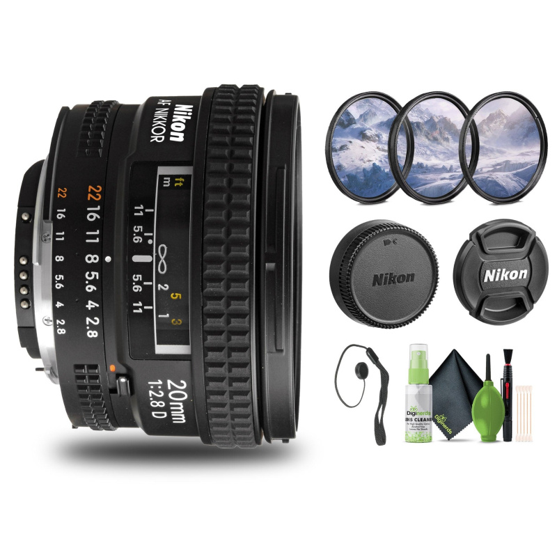 Nikon AF NIKKOR 20mm f/2.8D Lens (1913) + Filter Kit + Cap Keeper + Cleaning Kit - Bundle