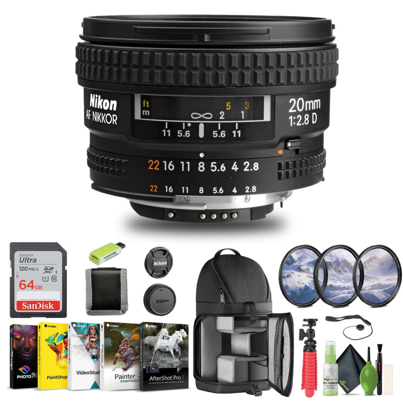Nikon AF NIKKOR 20mm f/2.8D Lens (1913) + 64GB Memory Card + Filter Kit + BackPack - Bundle