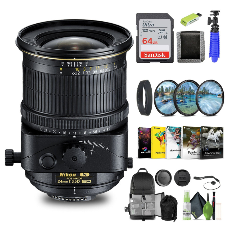 Nikon PC-E NIKKOR 24mm f/3.5D ED Tilt-Shift Lens (2168) + 64GB Memory Card + Filters - Bundle