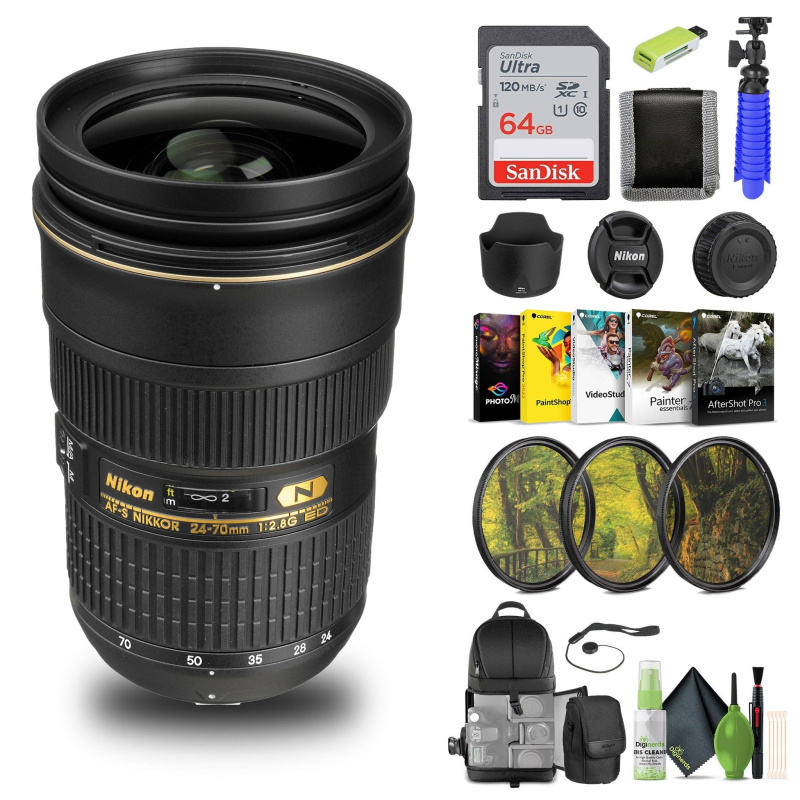 Nikon AF-S NIKKOR 24-70mm f/2.8G ED Lens (2164) + 64GB Memory Card + Filter Kit  - Bundle