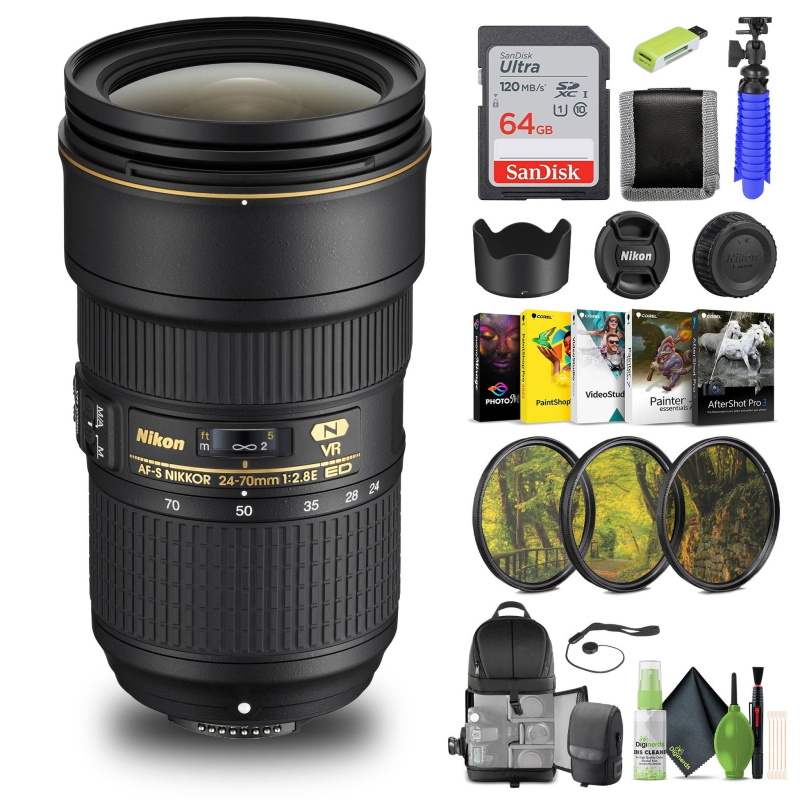 Nikon - AF-S NIKKOR 24-70mm f/2.8E ED VR Wide-Angle Zoom Lens (20052) + 64GB Card - Bundle