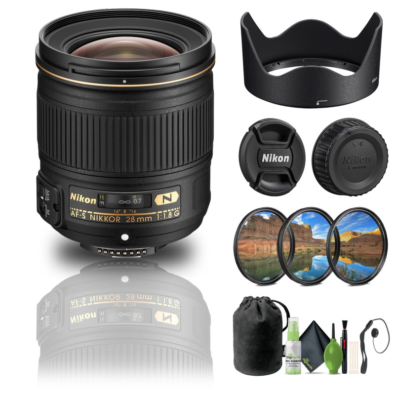 Nikon AF-S NIKKOR 28mm f/1.8G Lens (2203) + Filter Kit + Cap Keeper + Cleaning Kit - Bundle