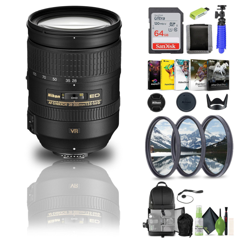 Nikon AF-S NIKKOR 28-300mm f/3.5-5.6G ED VR Lens (2191) + 64GB Memory Card + Filters - Bundle