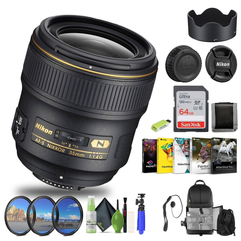 Nikon - AF-S NIKKOR 35mm f/1.4G Wide-Angle Lens (2198) + 64GB Memory Card + Filters - Bundle