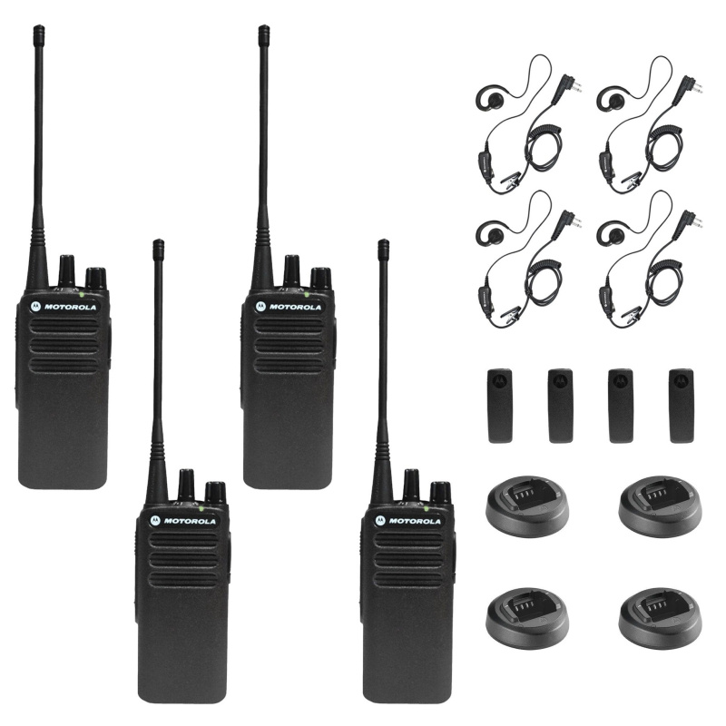 Motorola CP100D Analog UHF Portable Non-Display Two Way Radio, 16 Channel, - 4 Pack With Mic Bundle