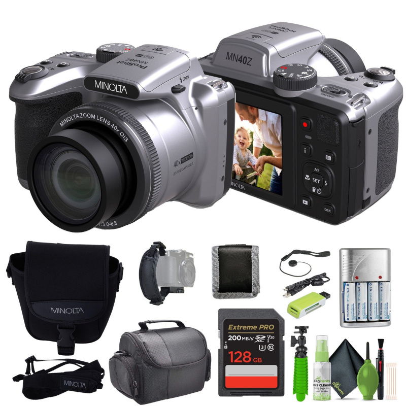 Minolta 20 Mega Pixels 40x Optical Zoom Digital Camera, 1080p FHD Video Bundle, Silver