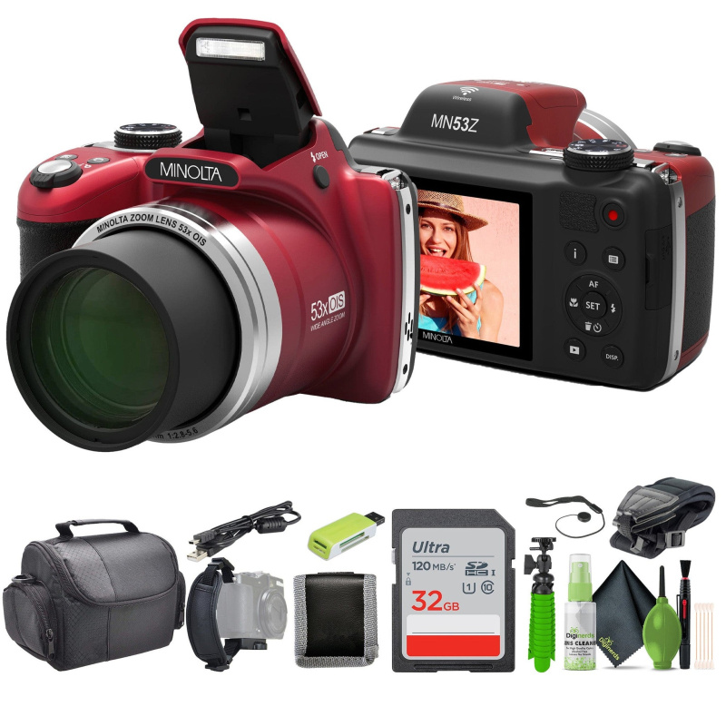 Minolta Pro Shot MN53Z 16 MP HD Digital Camera with 53x Zoom, 1080p HD Video Bundle (Red)