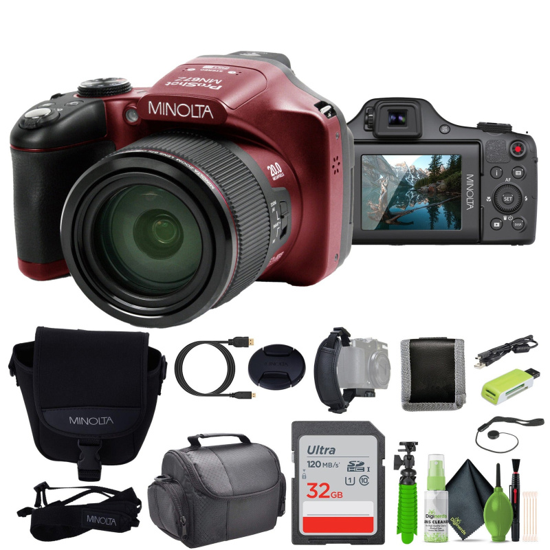 Minolta Pro Shot 20 MP HD Digital Camera with 67X Zoom, 1080P HD Video Bundle -, Red