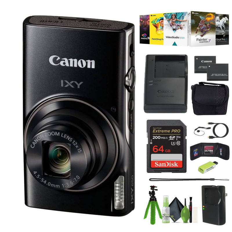 Canon Compact Digital Camera IXY 650 12x Optical Zoom IXY650 - Black - Bundle (International Model)