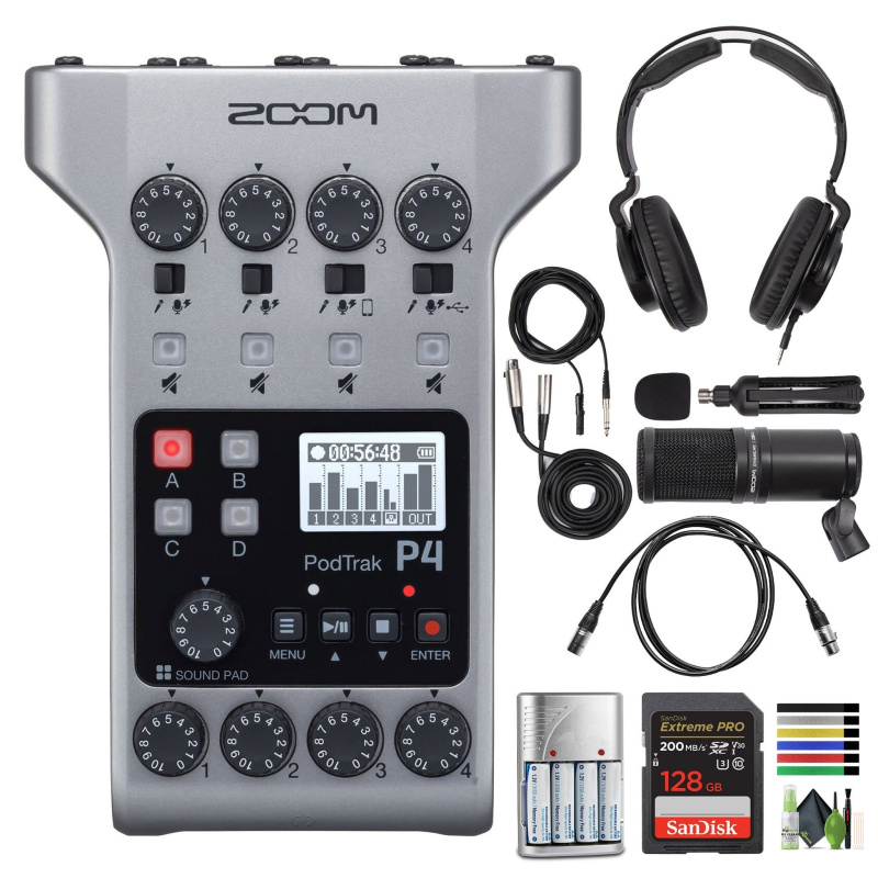 Zoom PodTrak P4 Podcast Recorder, Battery Powered, 4 Microphone Inputs, 4 Headphone Outputs, Phone and USB Input for Remote Interviews, Sound Pads, 2-