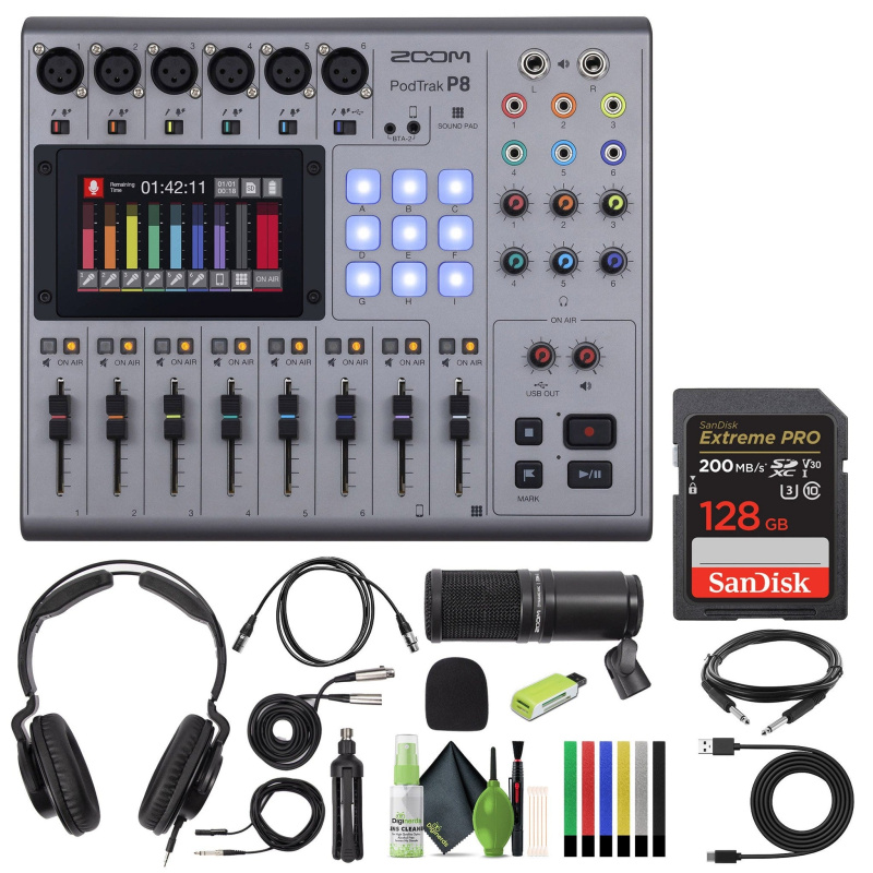 Zoom PodTrak P8 Podcast Recorder, 6 Microphone Inputs, 6 Headphone Outputs, Phone Input, Sound Pads, Onboard Editing, Record to SD card, USB Audio Int