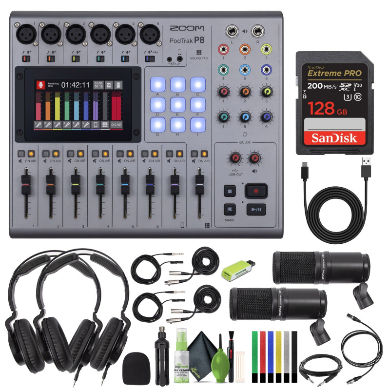 Zoom PodTrak P8 Podcast Recorder, 6 Microphone Inputs, 6 Headphone Outputs, Phone Input, Sound Pads, Onboard Editing, Record to SD card, USB Audio Int