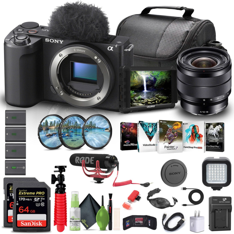 Sony Alpha ZV-E10 II Camera + Sony E 10-18mm Lens + 4K Monitor + Pro Mic + More