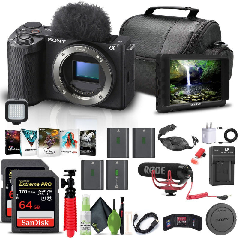 Sony Alpha ZV-E10 II Mirrorless Camera + 4K Monitor + Pro Mic + 2 x 64GB Card + More