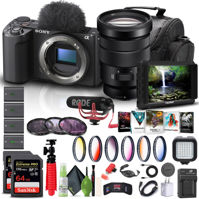 Sony Alpha ZV-E10 II Mirrorless Camera + Sony 18-105mm Lens + 4K Monitor + Pro Mic + More