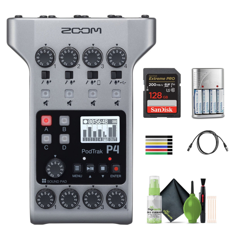 Zoom PodTrak P4 Podcast Recorder, Battery Powered Bundle