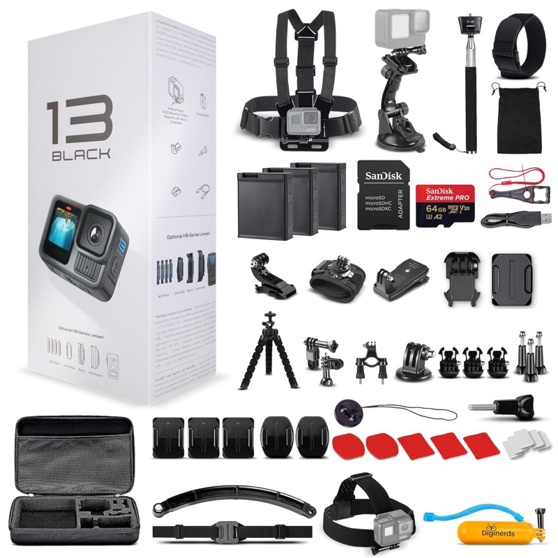 GoPro HERO13 - Action Camera + 64GB Card, 50 Piece Accessory Kit and 2 Batteries