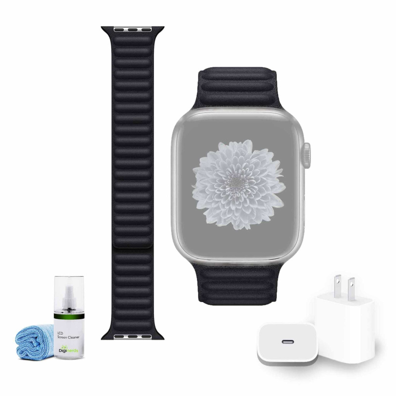 Apple 45mm Leather Watch Band - Midnight S/M with USB-C Charging Block Bundle