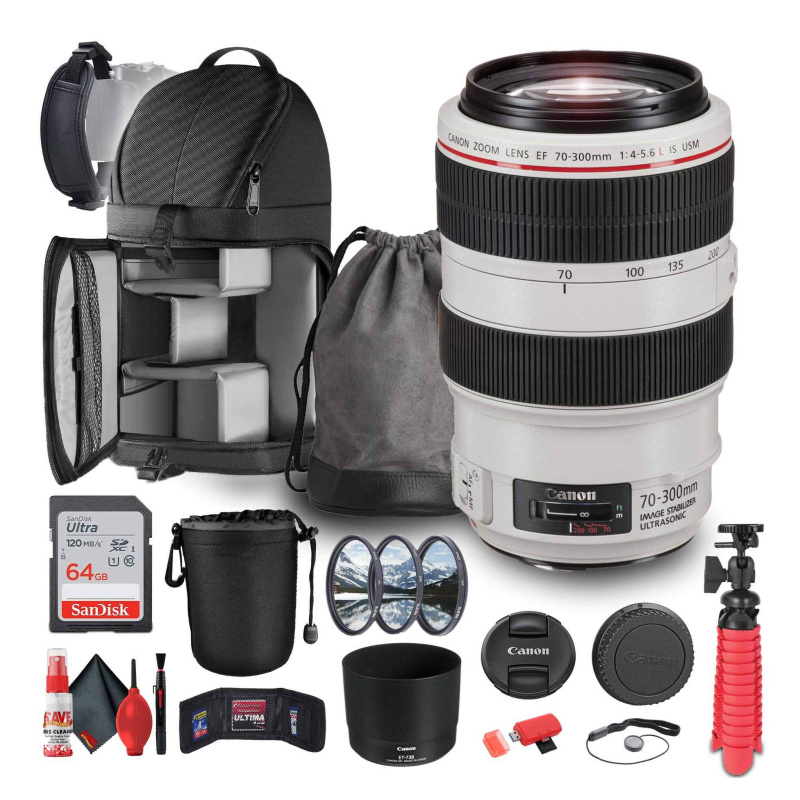 Canon EF 70-300mm f/4-5.6L IS USM Telephoto Zoom Lens + 64GB Memory Card + More (International Model)