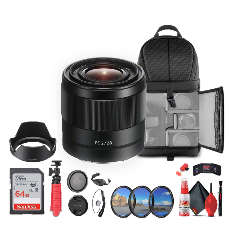 Sony FE 28mm f/2 Lens (SEL28F20) + 64GB Card + Filter Kit + Backpack + More - Bundle
