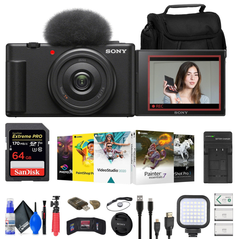 Sony ZV-1F Vlogging Camera (Black) (ZV1F/B) + Case + 64GB Card + Tripod + More