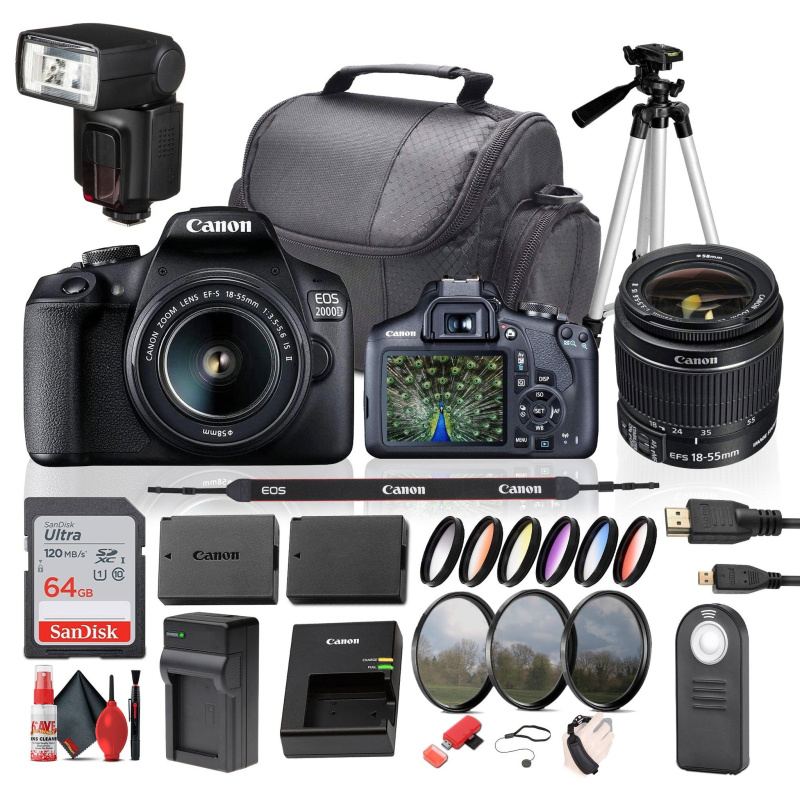 Canon EOS 2000D / Rebel T7 DSLR Camera with 18-55mm Zoom Lens, 64GB Card, Battery, Tripod, Flash, and More Bundle (International Model)