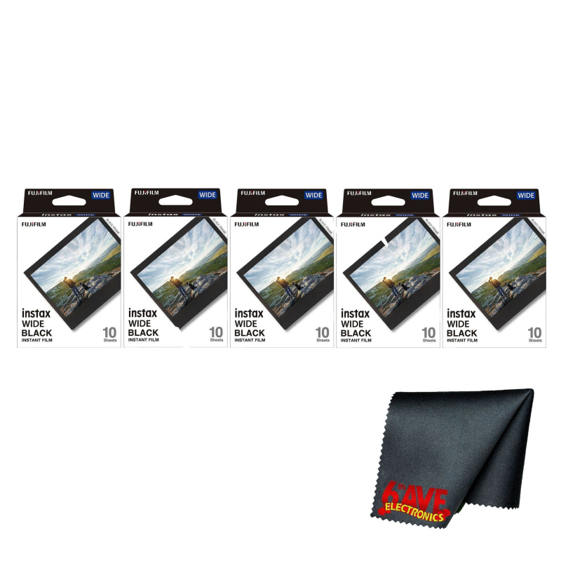 Fujifilm Instax Wide Black Instant Film (50 Exposures)+Microfiber Cleaning Cloth