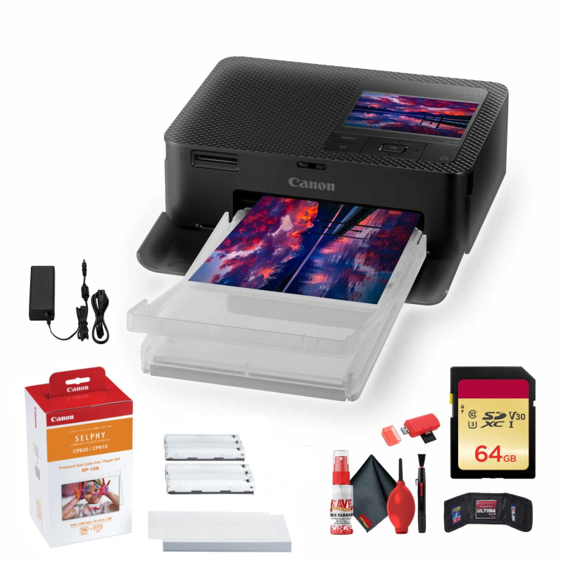 Canon SELPHY CP1500 Photo Printer (Black) + Canon RP-108 Color Ink and Paper Set + More Bundle (International Model)